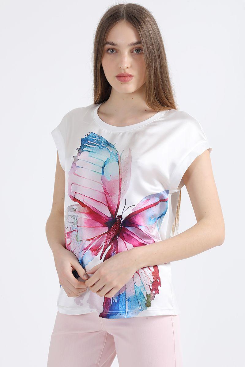 Polera Con Satin Estampado Mariposa, Crudo Liola-4