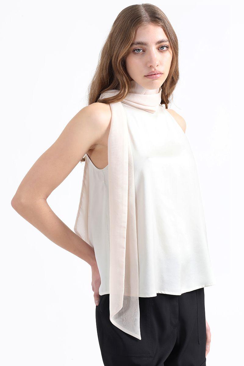 Top Satin Fluido Con Lazada En Cuello, Crudo Liola-2