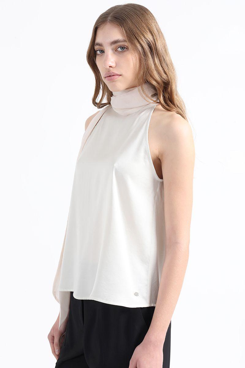 Top Satin Fluido Con Lazada En Cuello, Crudo Liola-3