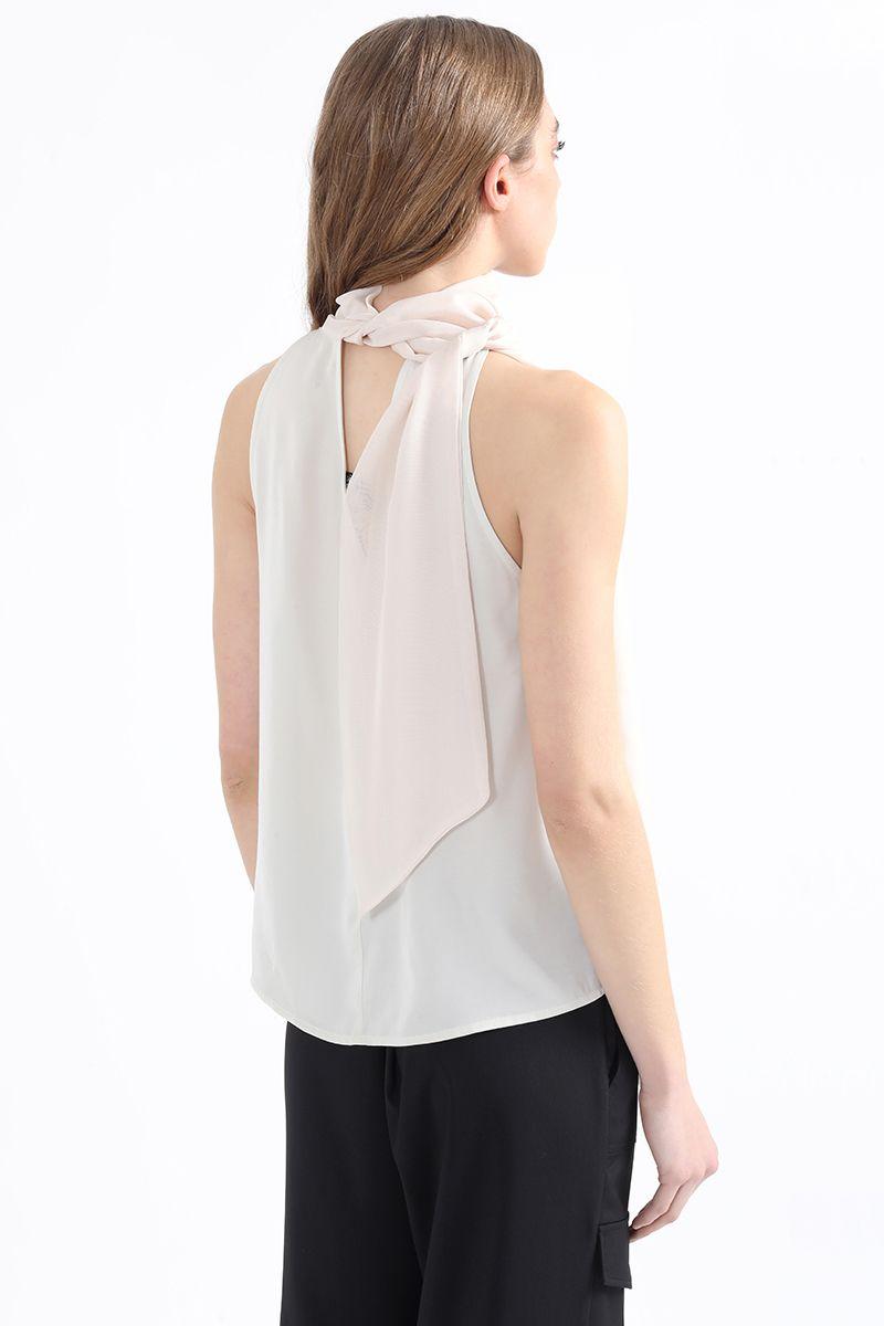 Top Satin Fluido Con Lazada En Cuello, Crudo Liola-5