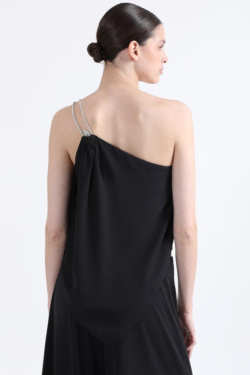 Top Asimetrico, Gasa Doble, Aplicación Strass, Negro Liola-4