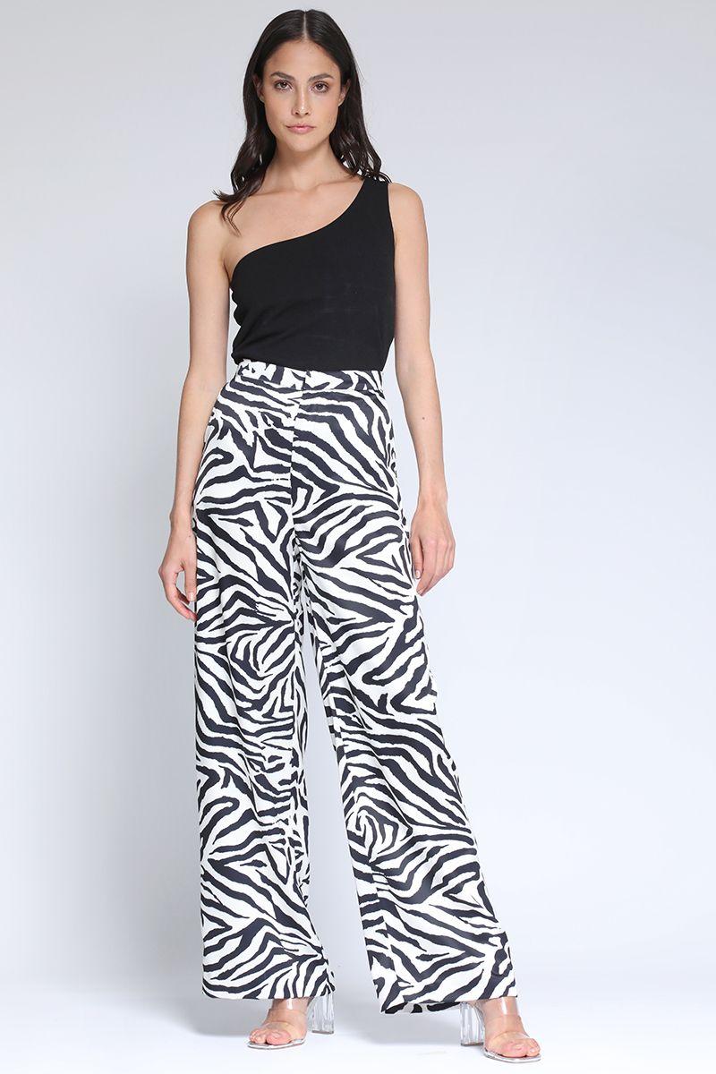 Pantalon Ancho Satin Estampado Animal Negro Liola-0