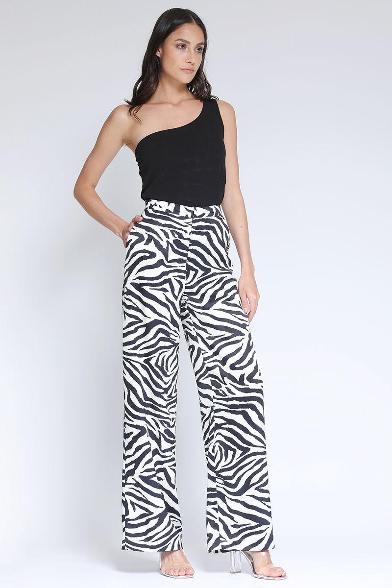 Pantalon Ancho Satin Estampado Animal Negro Liola-1