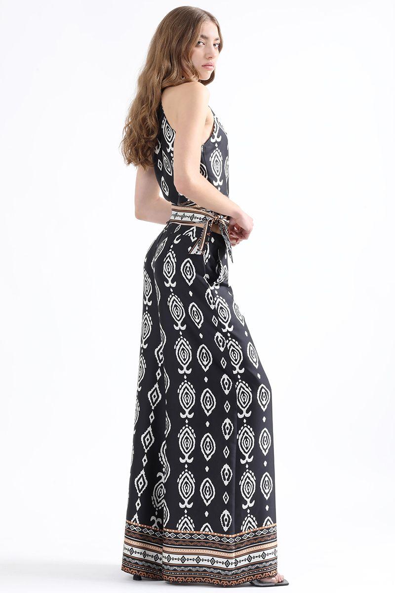 Pantalon Ancho Estampado, Tiro Alto, Negro Liola-3