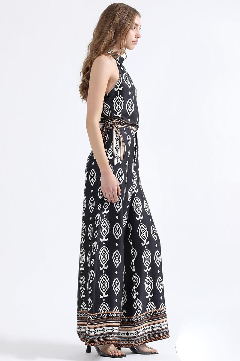 Pantalon Ancho Estampado, Tiro Alto, Negro Liola-4