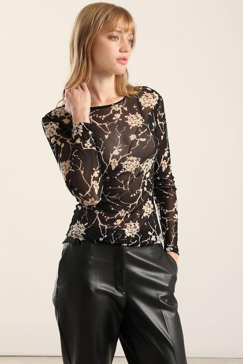 Top Malla Estampada Semitrasparente, Negro Liola-0