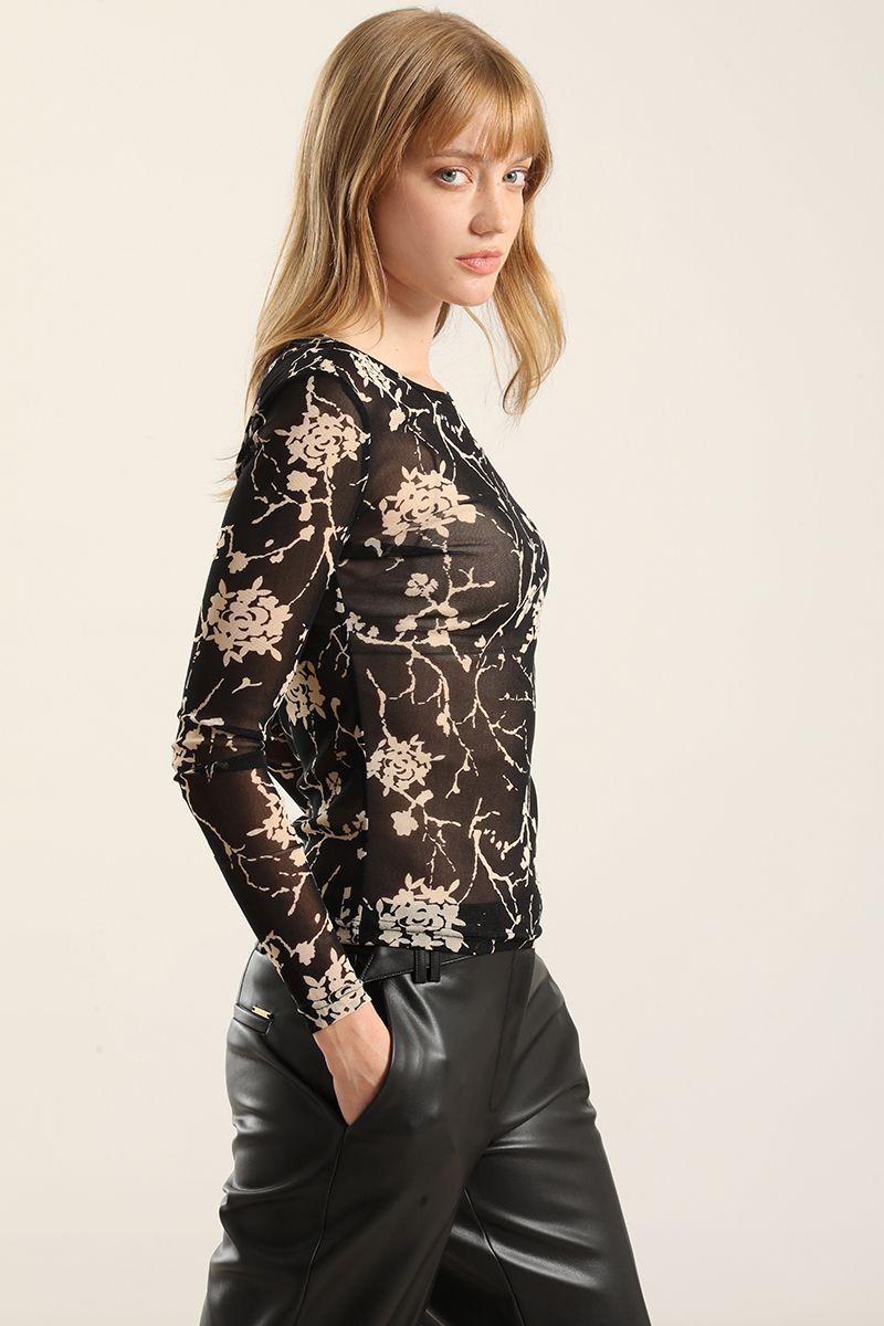 Top Malla Estampada Semitrasparente, Negro Liola-4