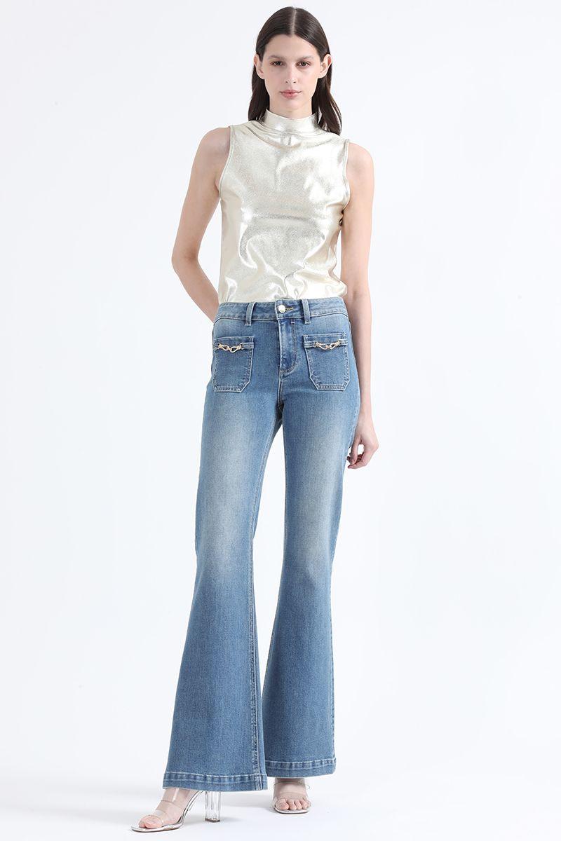 Jeans Flare Push-Up, Tiro Medio, Azul Liola-0