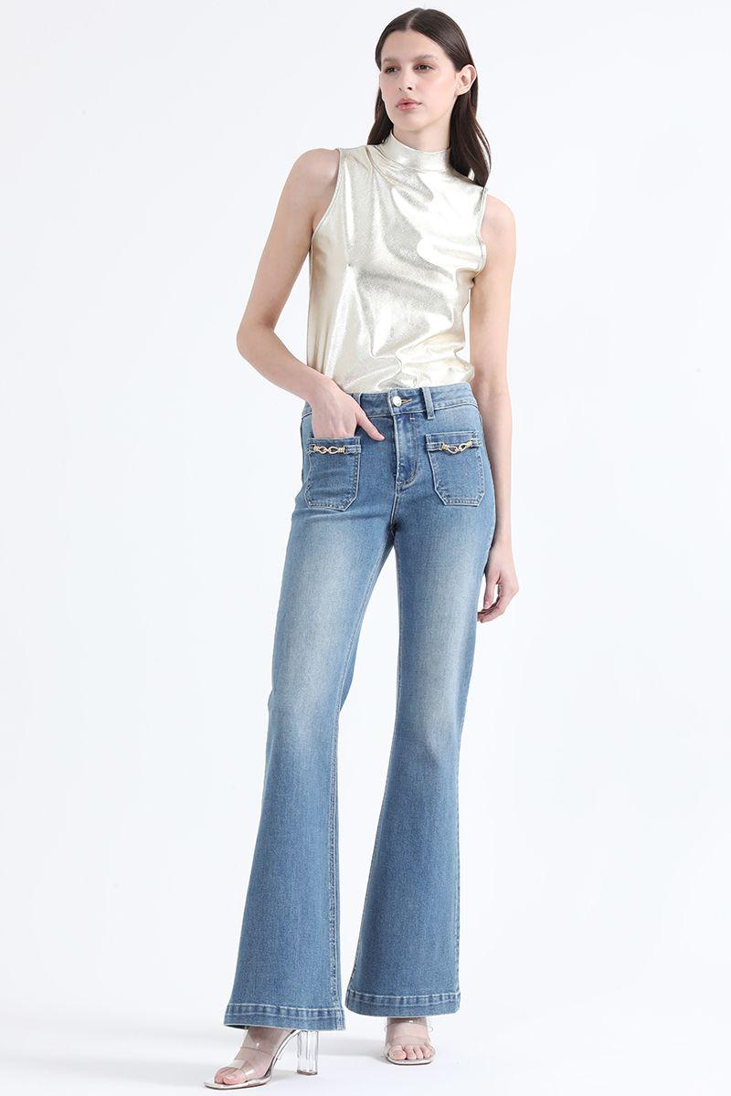Jeans Flare Push-Up, Tiro Medio, Azul Liola-1