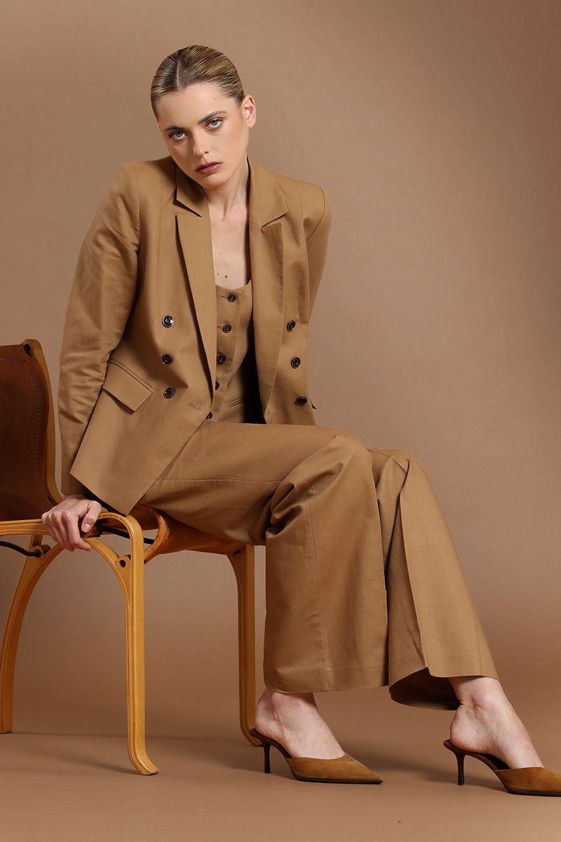 Blazer cruzado, lino algodon, camel Liola-2