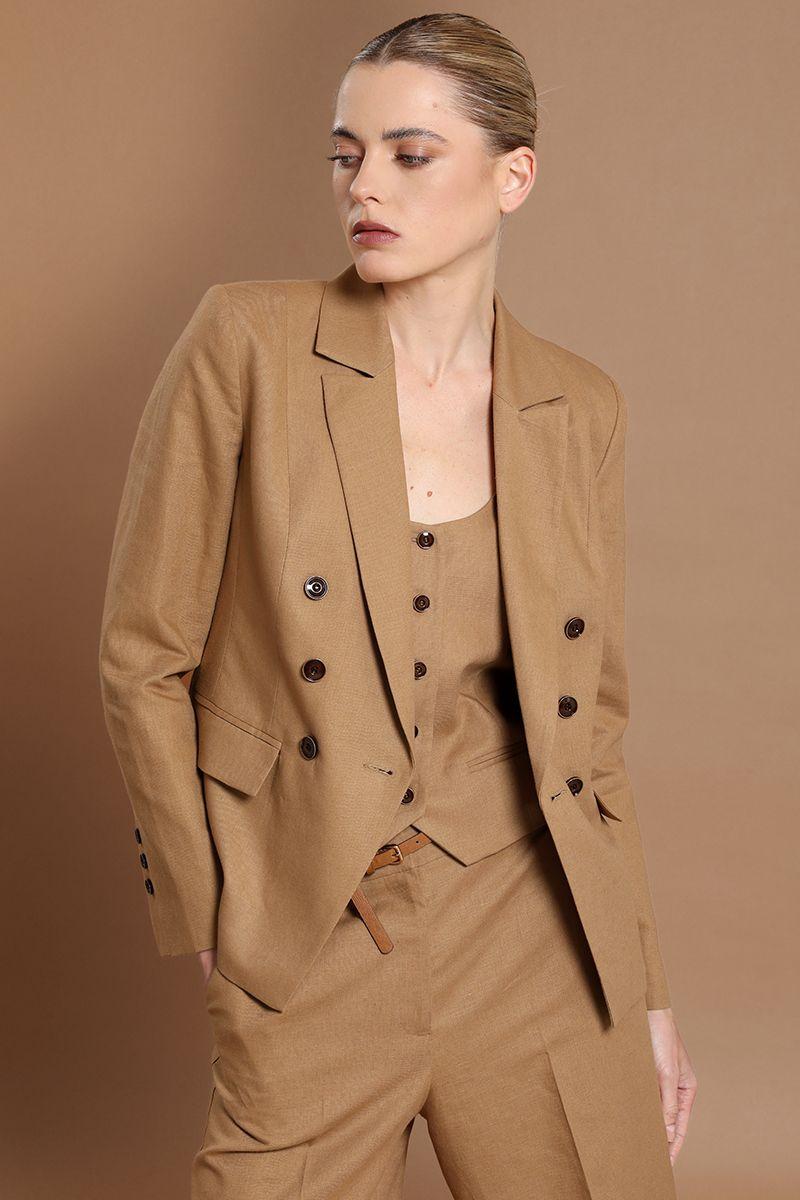 Blazer cruzado, lino algodon, camel Liola-4