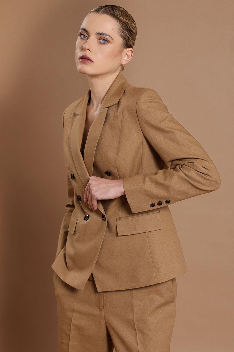 Blazer cruzado, lino algodon, camel Liola-5