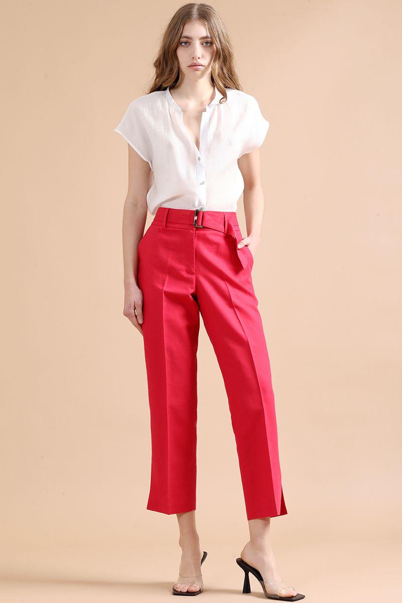 Pantalon Sastre Con Cinturon, Lino Algodón, Guinda Liola-0