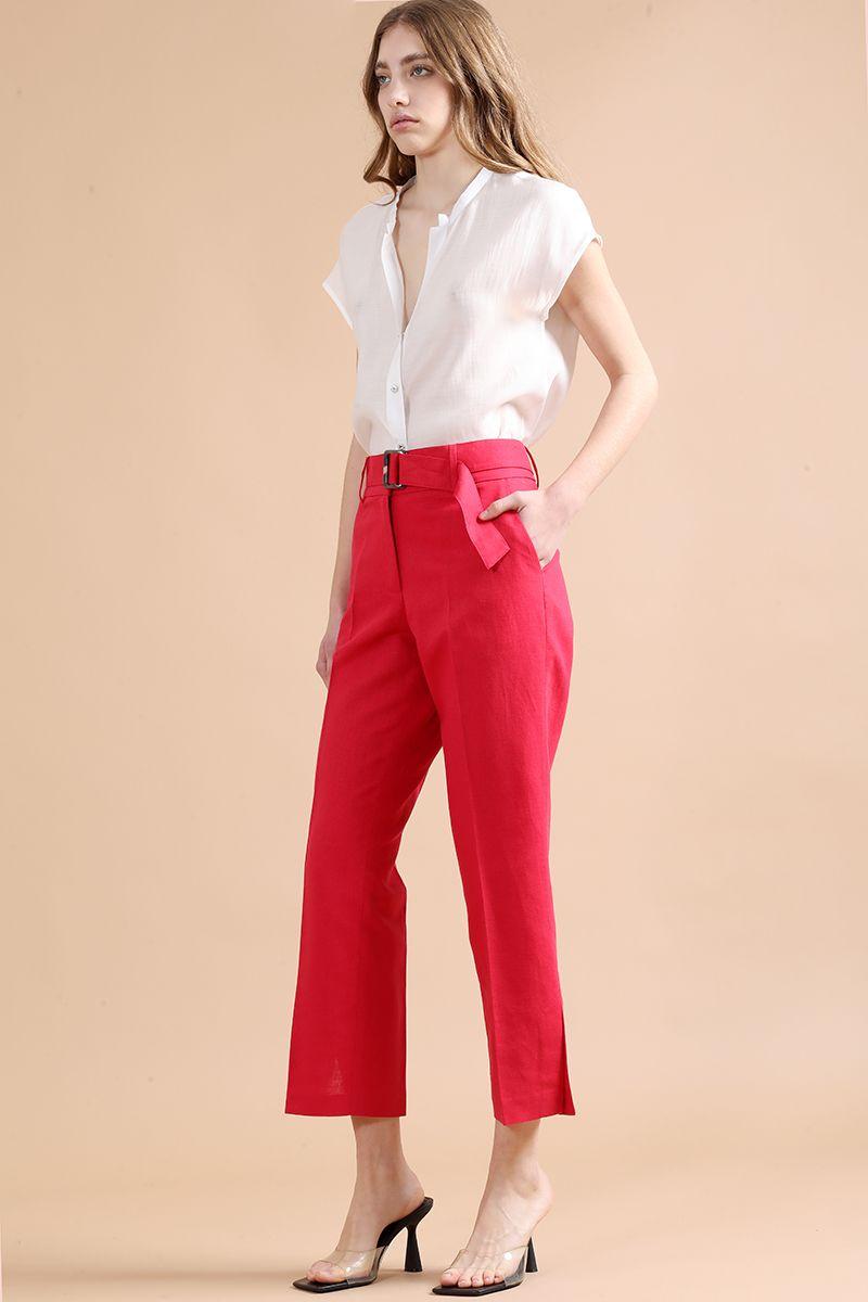 Pantalon Sastre Con Cinturon, Lino Algodón, Guinda Liola-1