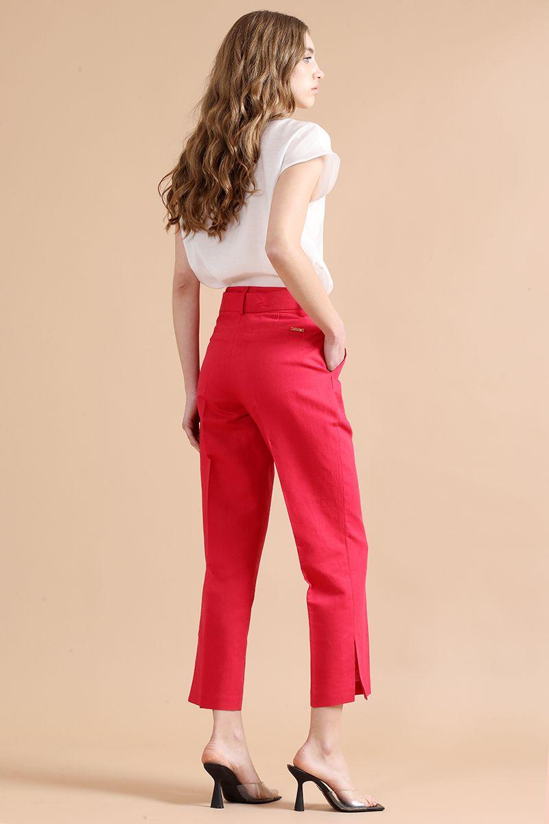 Pantalon Sastre Con Cinturon, Lino Algodón, Guinda Liola-2
