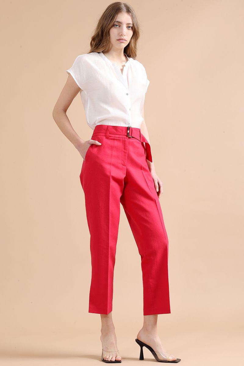 Pantalon Sastre Con Cinturon, Lino Algodón, Guinda Liola-3