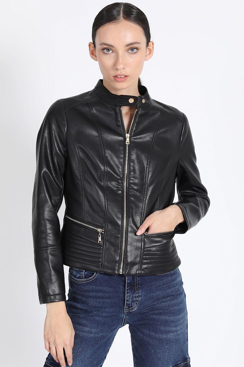 Chaqueta Corta Efecto Cuero, Negro Liola-3