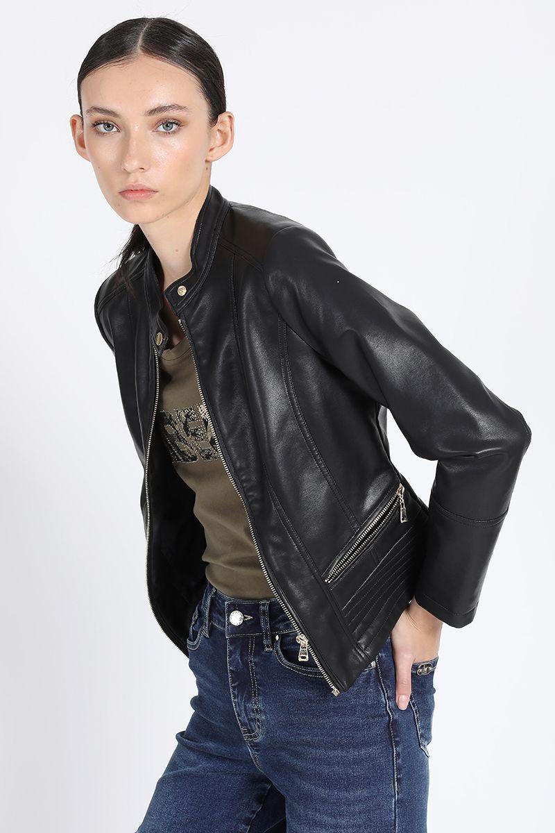 Chaqueta Corta Efecto Cuero, Negro Liola-5