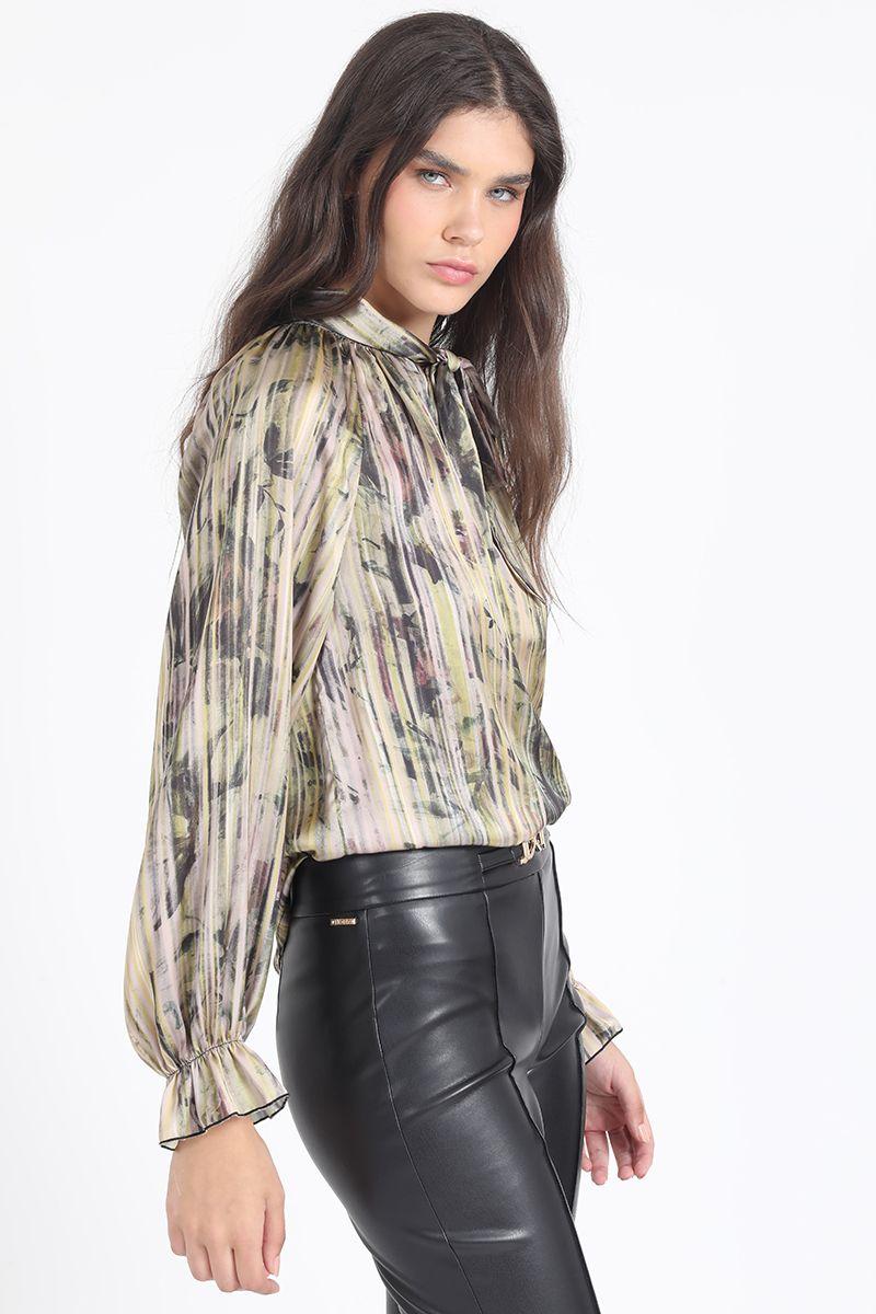 Blusa Lazada En Cuello, Satin Estampado, Amarillo Liola-2
