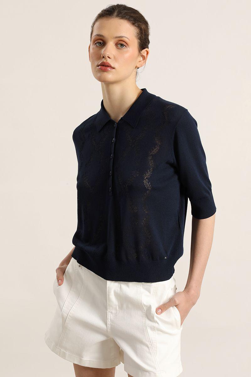 Jersey punto, cuello camisero, azul Liola-4