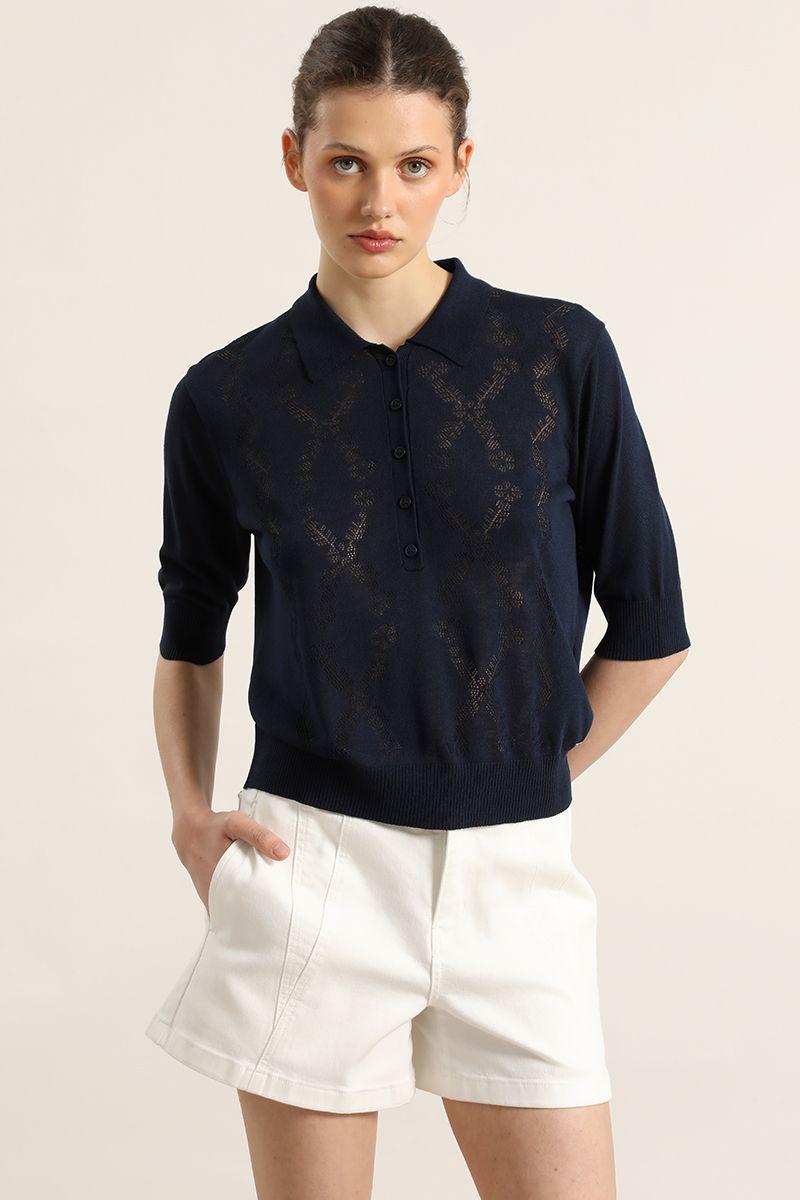 Jersey punto, cuello camisero, azul Liola-5