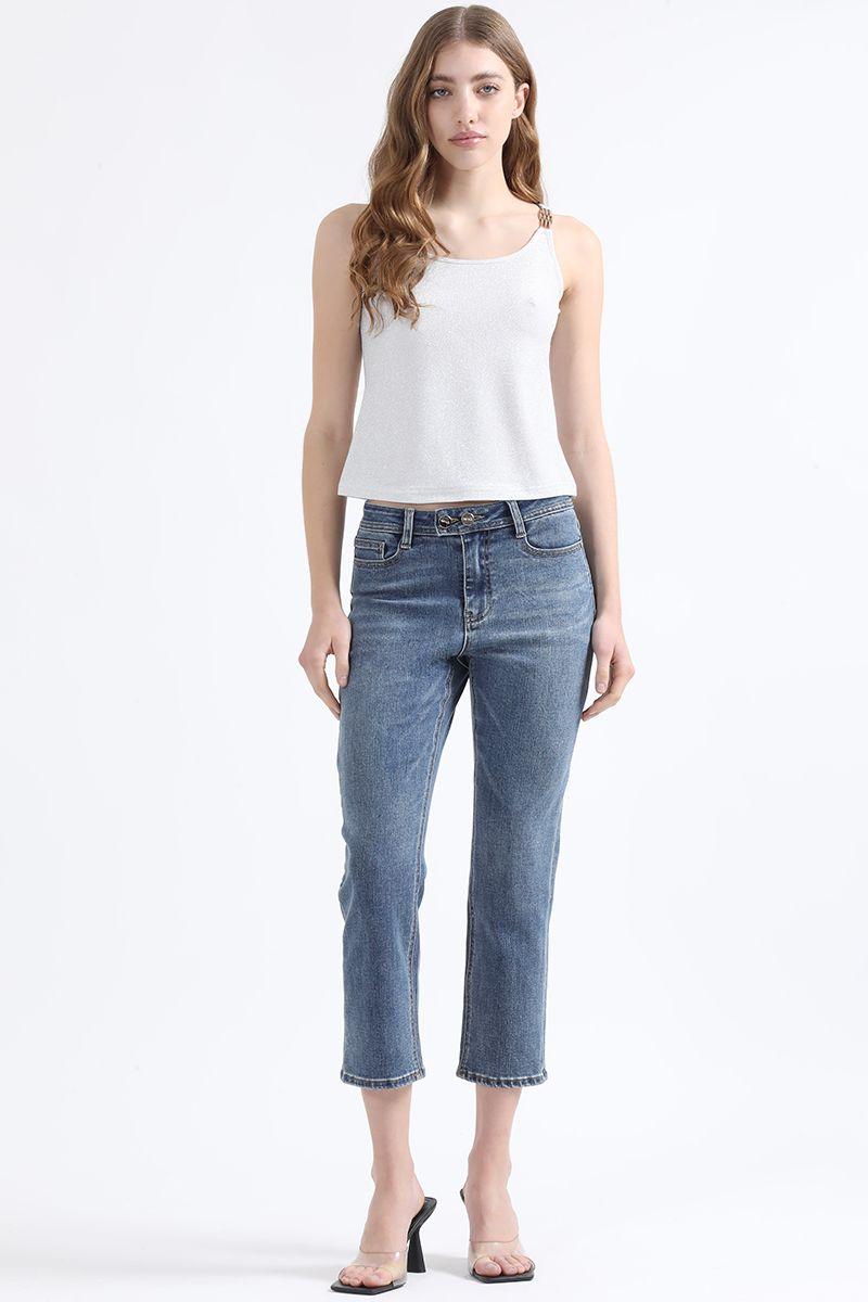 Jeans Slim Cropped Fit, Tiro Medio, Azul Liola-0