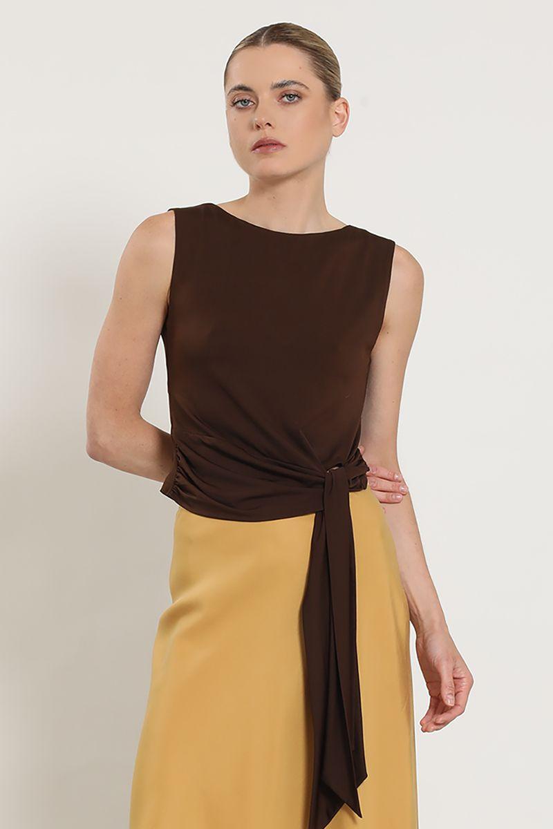 Polera recogido con lazo, chocolate Liola-4