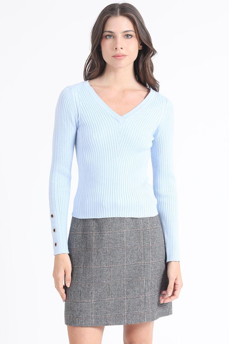 Sweater Tejido Punto, Boton Decorativo, Celeste Liola-0
