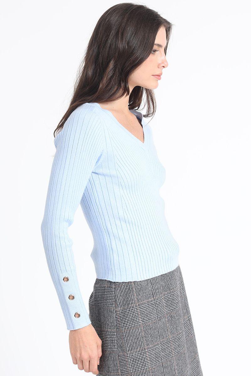 Sweater Tejido Punto, Boton Decorativo, Celeste Liola-2