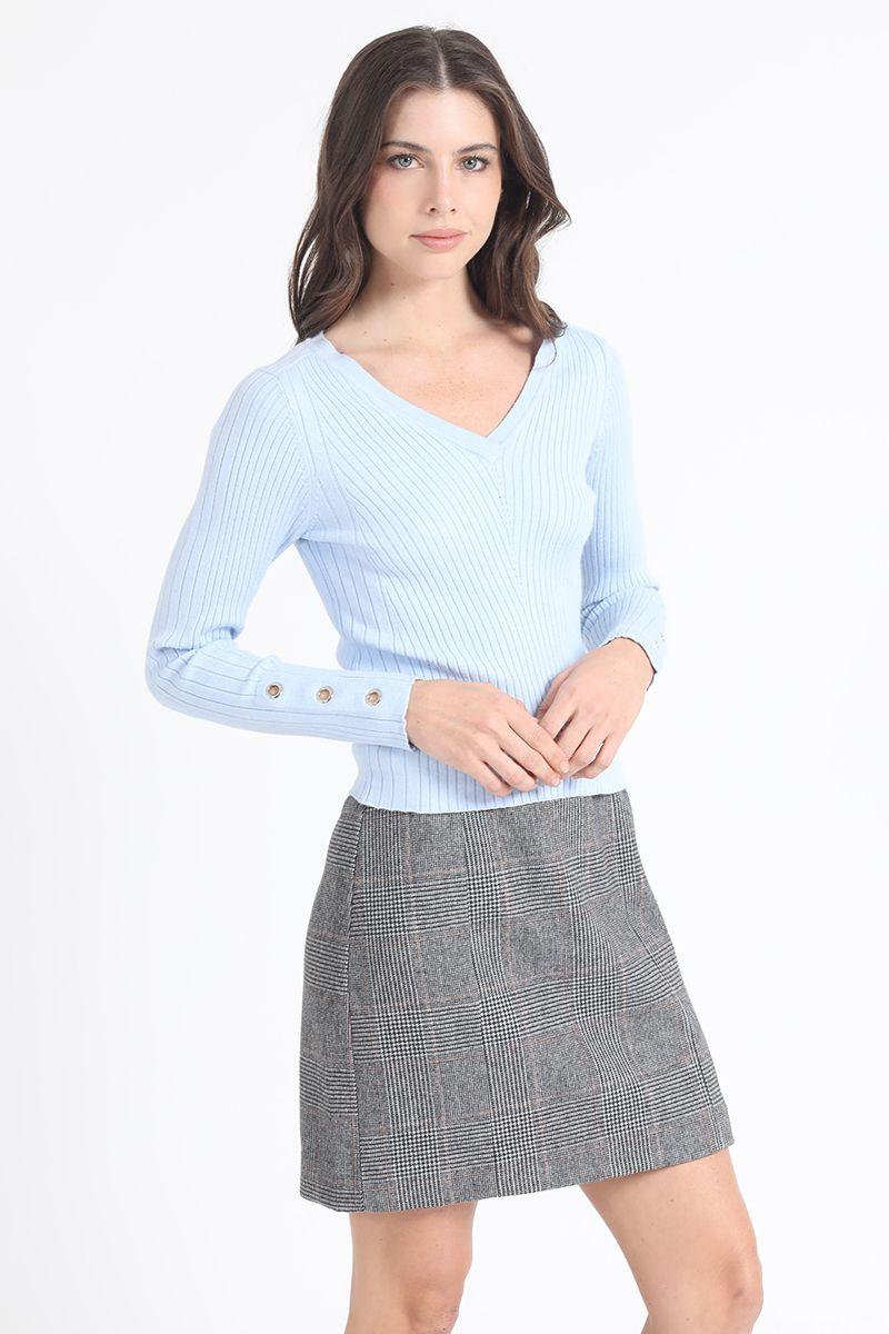 Sweater Tejido Punto, Boton Decorativo, Celeste Liola-5