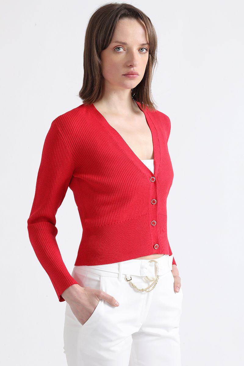 Cardigan Tejido Punto, Boton Fantasia, Rojo Liola-1