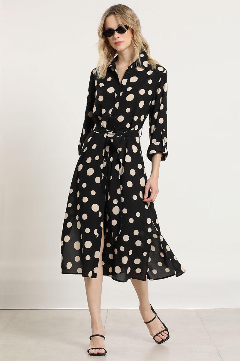 Vestido lunares con amarre, negro Liola-0