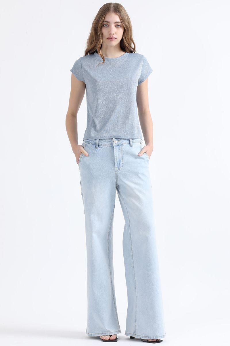 Jeans Palazzo Fit, Cargo, Con Texto Folia, Celeste Liola-0