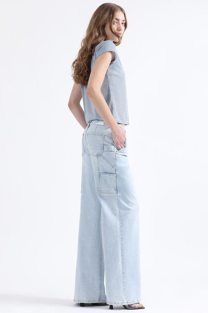 Jeans Palazzo Fit, Cargo, Con Texto Folia, Celeste Liola-5