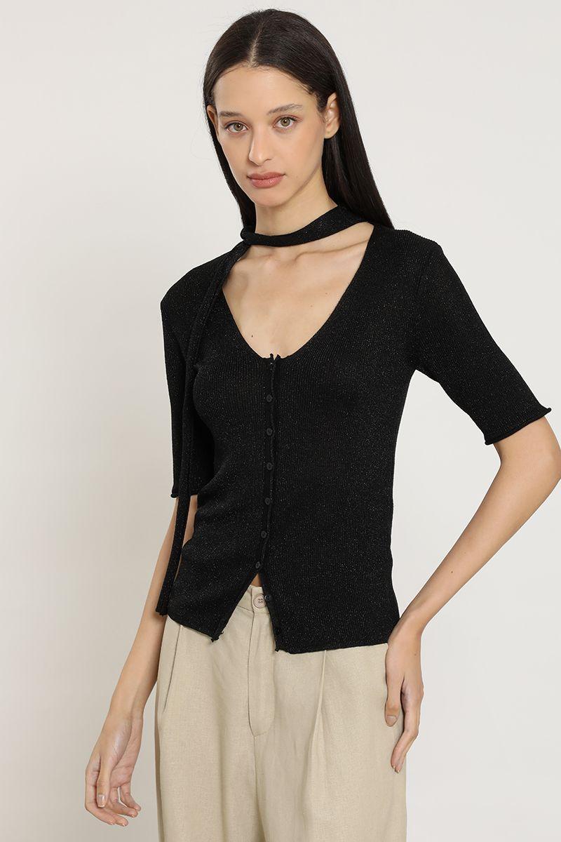 Cardigan punto, lazo cuello, negro Liola-4