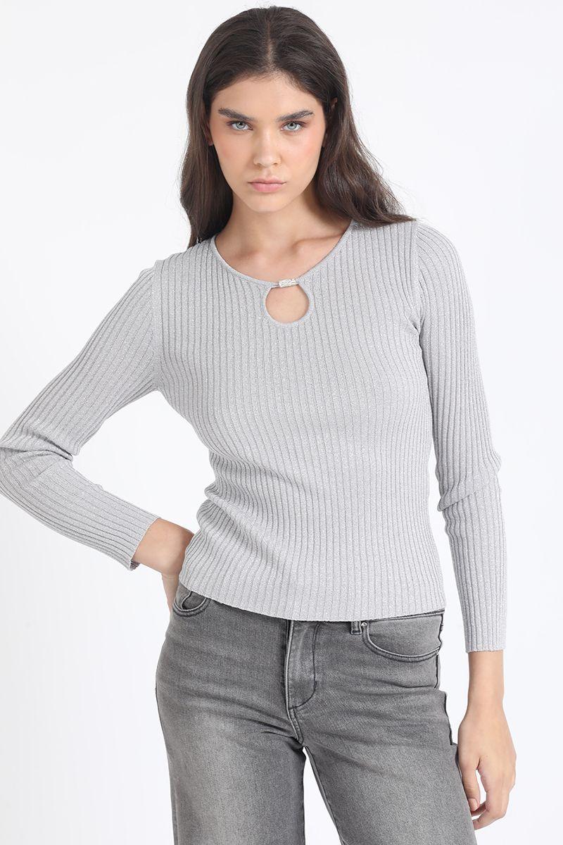 Sweater Tejido Punto Con Hilo Metalizado , Gris Liola-0