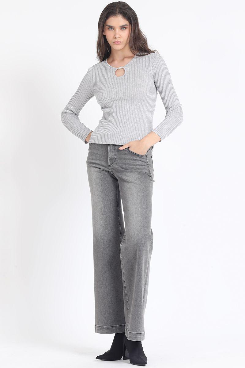 Sweater Tejido Punto Con Hilo Metalizado , Gris Liola-1