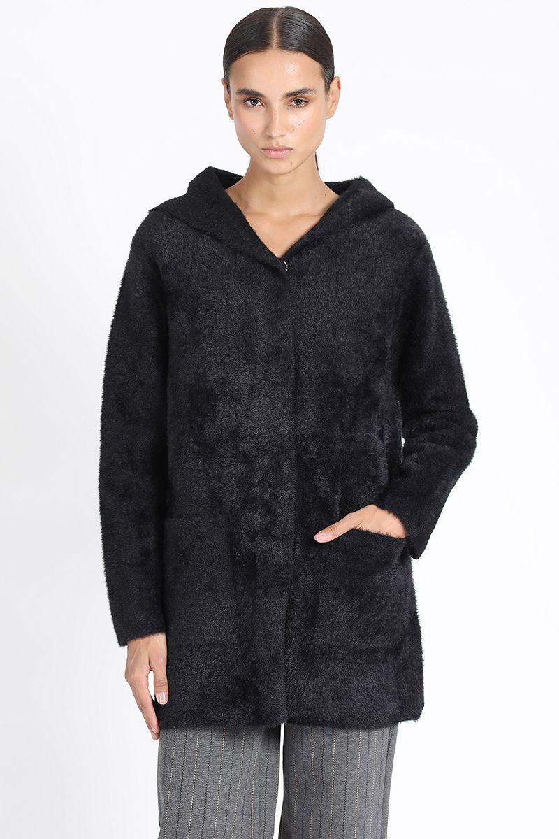 Chaqueton Recto Tejido Punto Capucha, Negro Liola-0