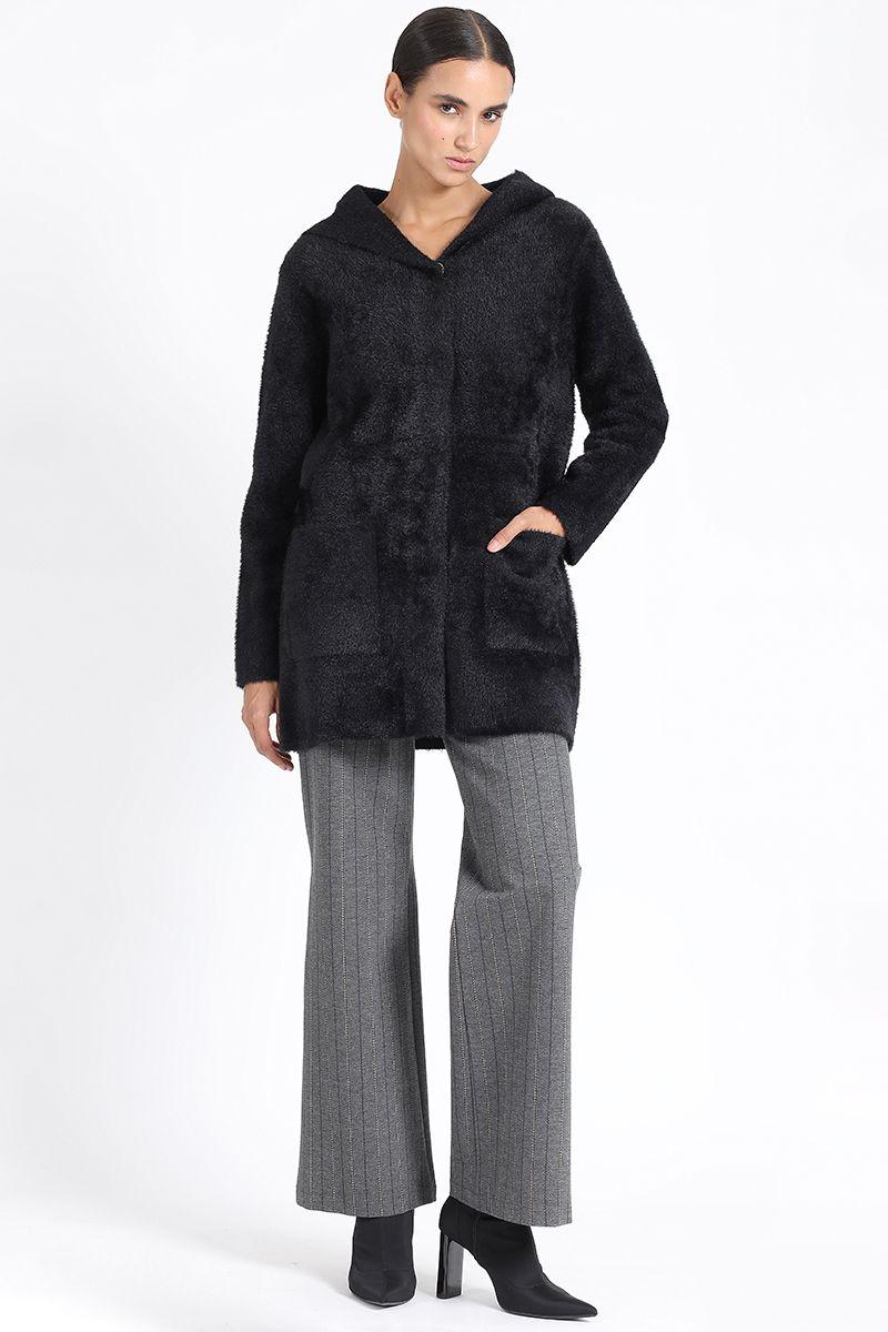 Chaqueton Recto Tejido Punto Capucha, Negro Liola-1