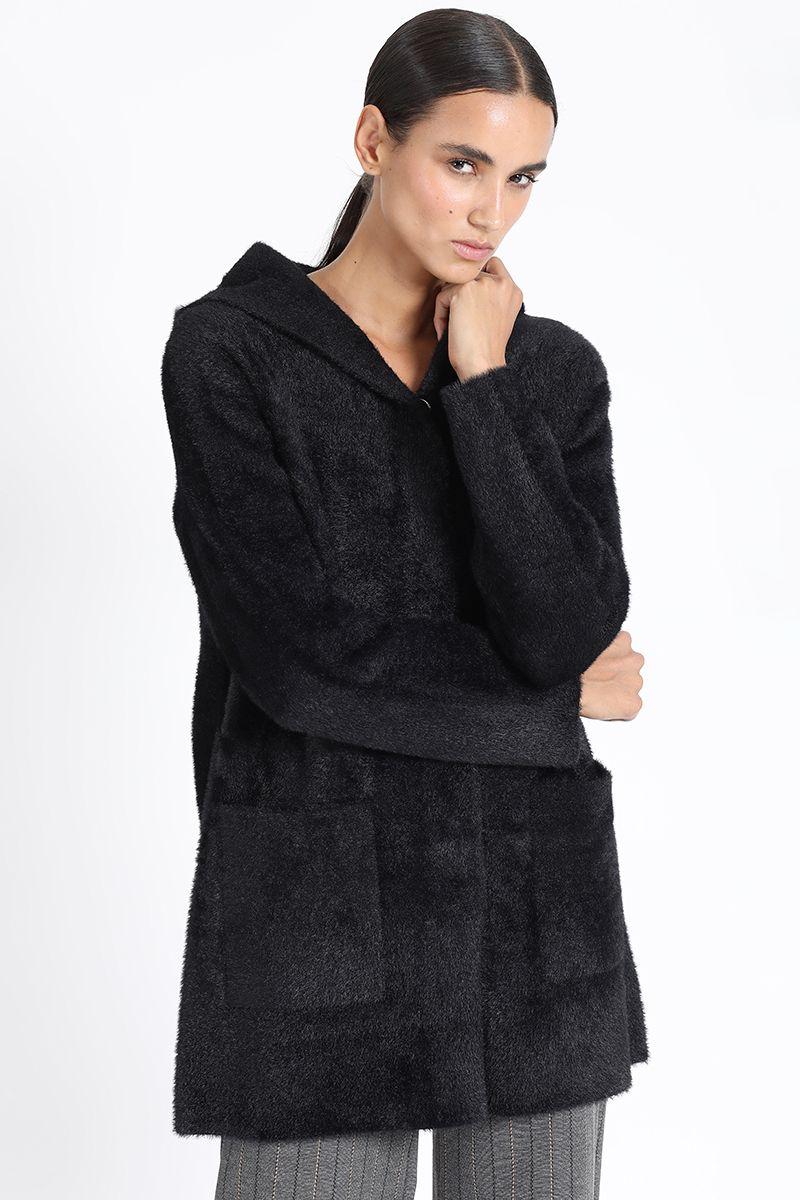 Chaqueton Recto Tejido Punto Capucha, Negro Liola-3