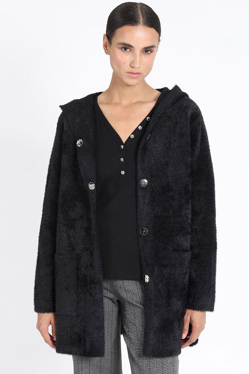 Chaqueton Recto Tejido Punto Capucha, Negro Liola-5