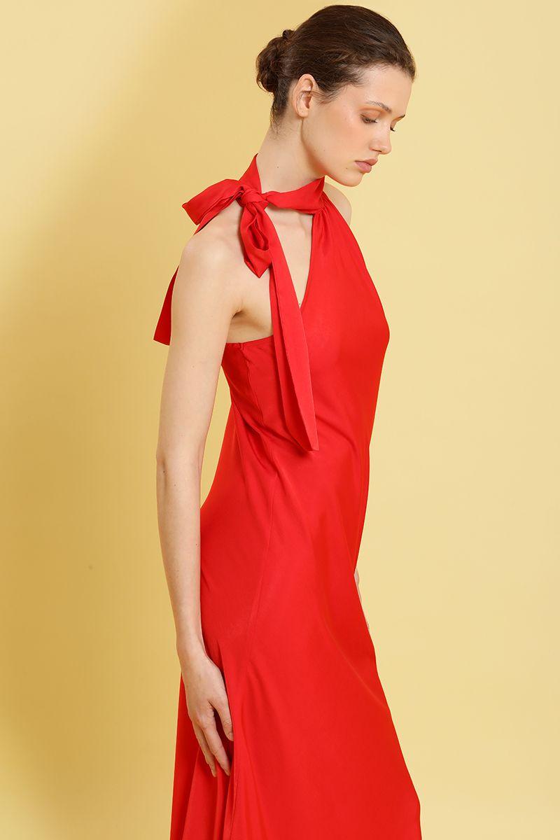 Vestido maxi, asimetrico, rojo Liola-2