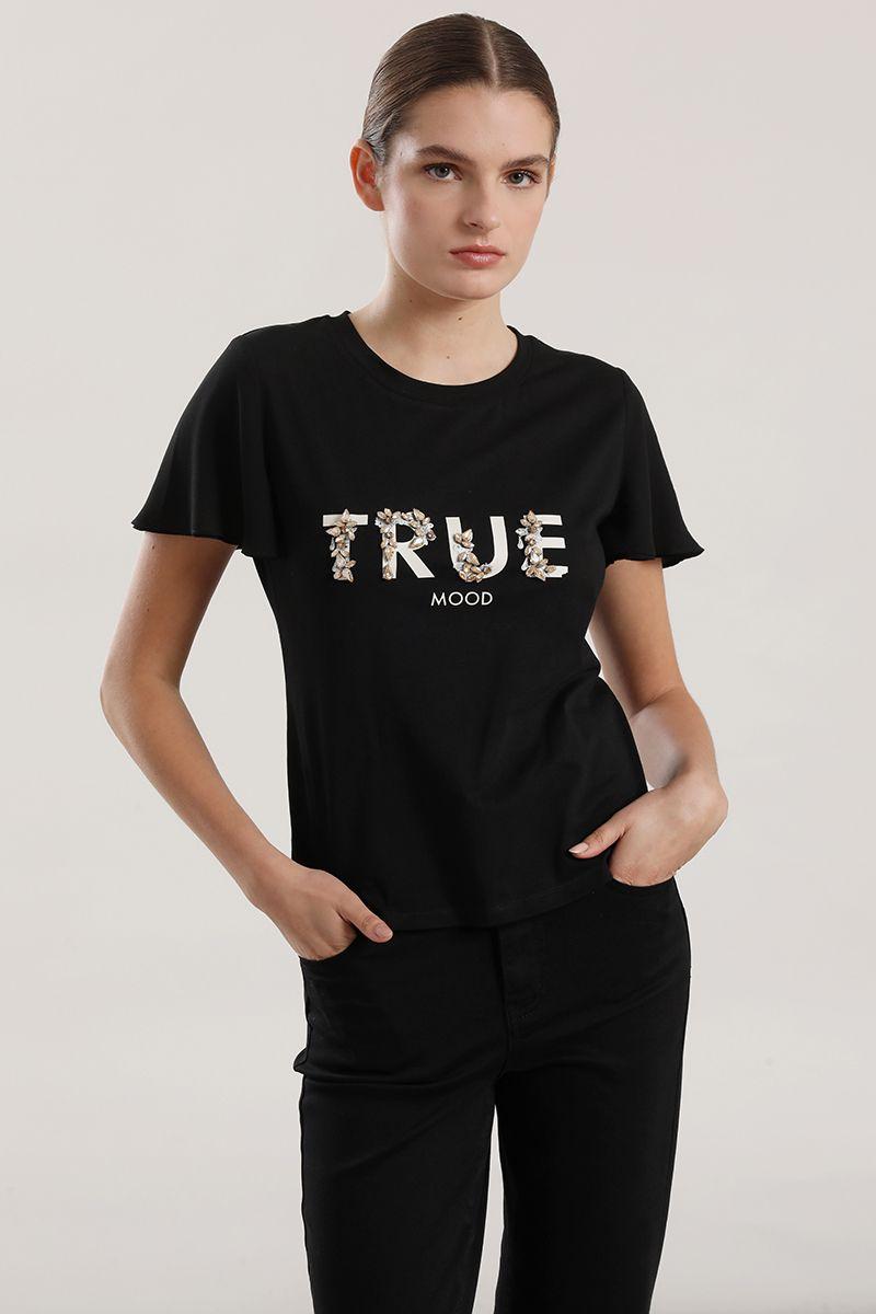 Polera algodon aplicacion joya mujer Liola negro-3