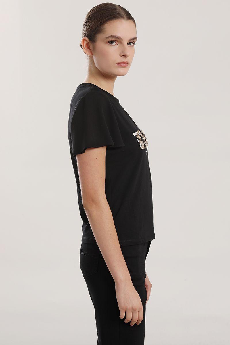 Polera algodon aplicacion joya mujer Liola negro-4