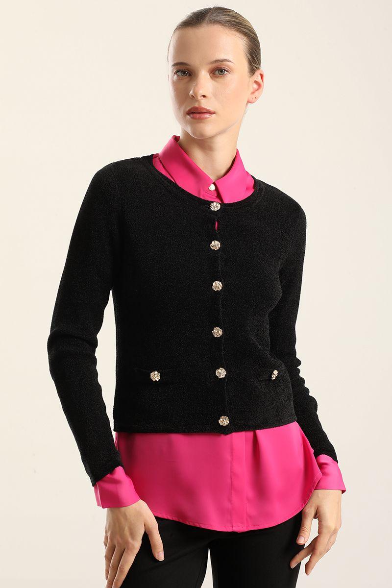 Cardigan Punto, Boton Fantasia, Negro Liola-0