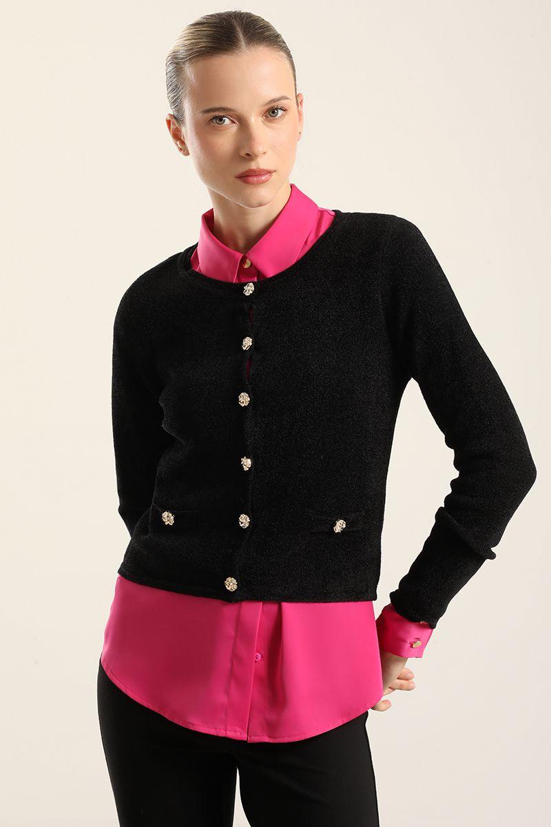 Cardigan Punto, Boton Fantasia, Negro Liola-3