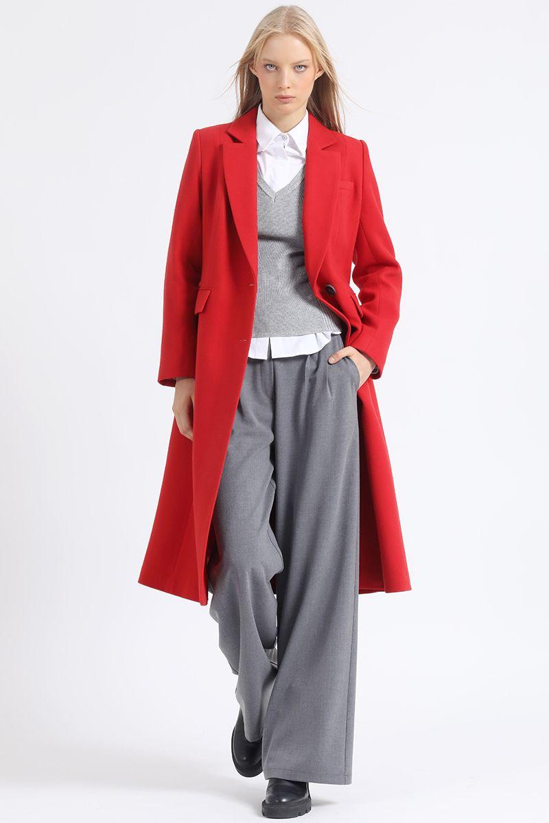 Abrigo Largo Boton Contratono, Muflon Rojo Liola-2