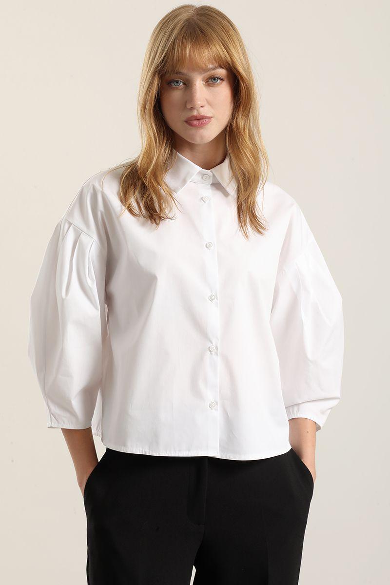 Blusa poplin, pliegues, blanco Liola-0