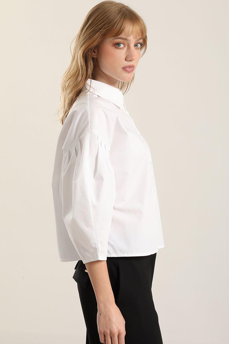 Blusa poplin, pliegues, blanco Liola-1