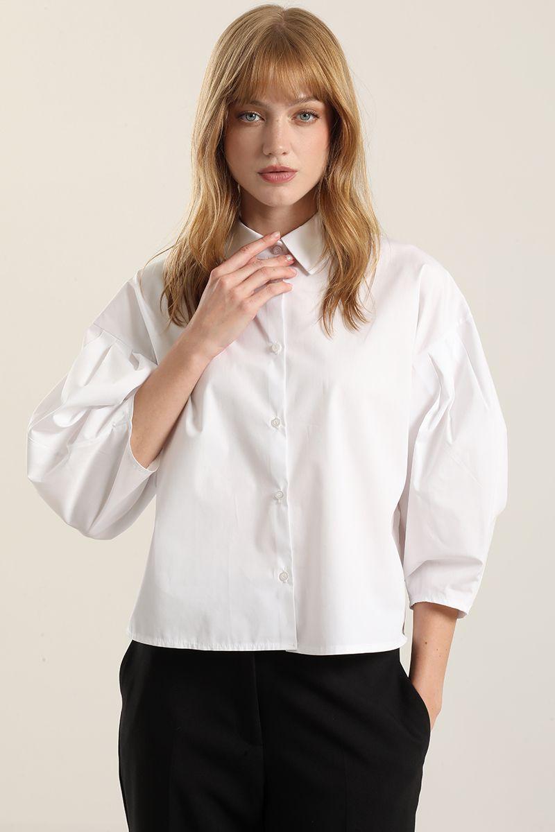 Blusa poplin, pliegues, blanco Liola-2